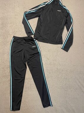 adidas Black Tracksuit with Light Blue and White Side Stripes